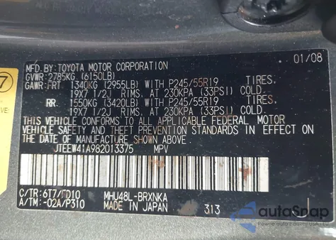 2008 Toyota Highlander Hybrid z USA, uszkodzony, nr VIN JTEEW41A982013375